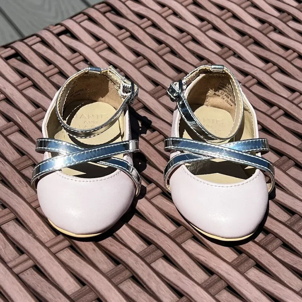 Janie & Jack Baby Silver and Pink Mary Jane Flats Dress Shoes Size 3, 18M